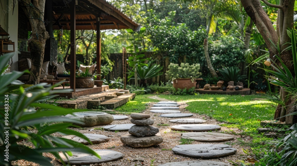A tranquil garden path with stone steps leads to a wooden house, surrounded by lush greenery. A tranquil garden path with stone steps leads to a wooden house, surrounded by lush greenery.