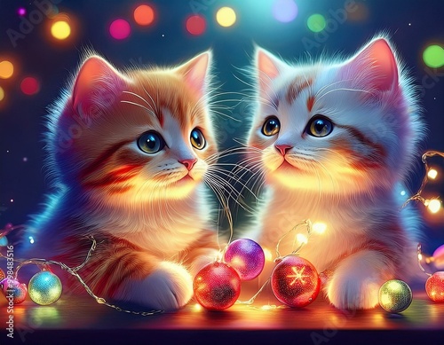 Neugierige Katzen mit Weihnachtskugeln und Lichterketten – Perfekte Weihnachtsstimmung mit Haustieren  photo