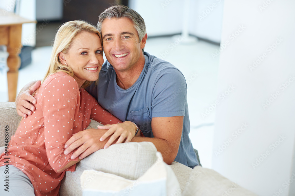 Smile, couple and portrait with hug at house with love, marriage commitment and healthy relationship. Happy, mature and people with embrace for trust, support and bonding together of care in morning Smile, couple and portrait with hug at house with love, marriage commitment and healthy relationship. Happy, mature and people with embrace for trust, support and bonding together of care in morning