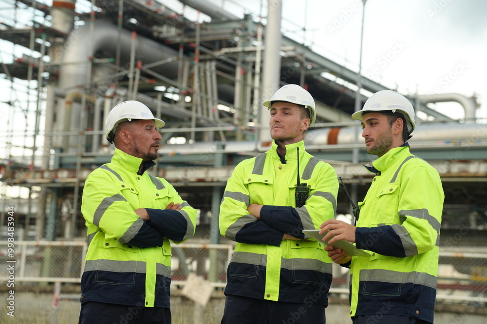 Refinery industry engineer are working and discussing at front oil and gas industrial factory,Oil refinery plant for industry.. Refinery industry engineer are working and discussing at front oil and gas industrial factory,Oil refinery plant for industry..