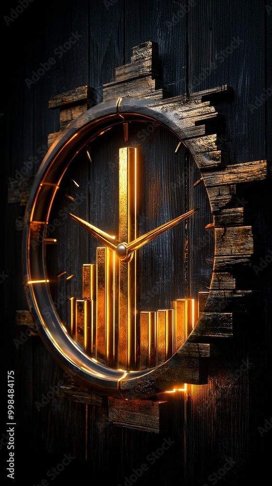 Obraz premium Stock market bar chart embedded in a cracked, weathered clock face, representing time's impact on finance