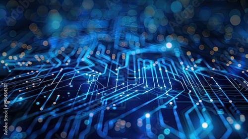 Quantum computer technologies concept. Futuristic blue circuit board background