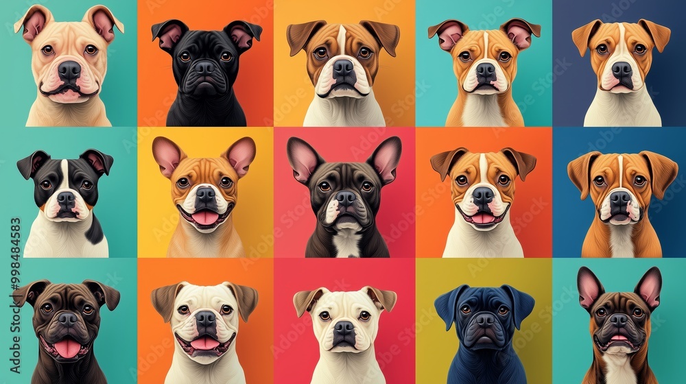A grid of flat design icons featuring dogs in various poses and sizes, arranged side by side on colorful squares.
