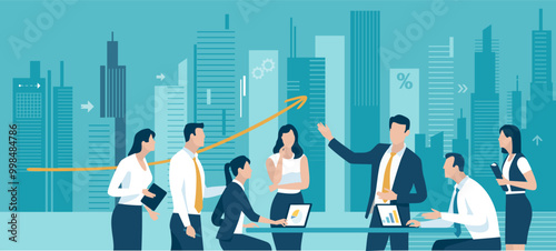 Business illustration. Teamwork, success, meeting concept. Vector illustration.
