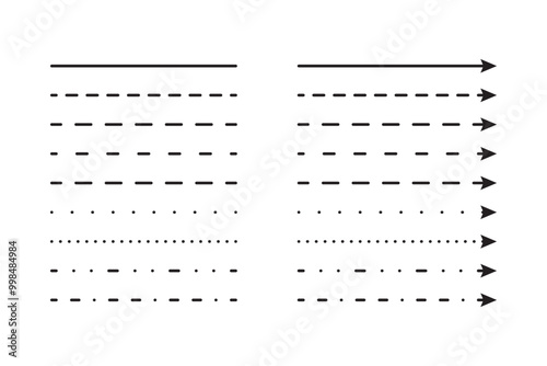 Dashed lines, dotted arrows. Simple pointers collection set isolated elements. Vector graphic in flat style