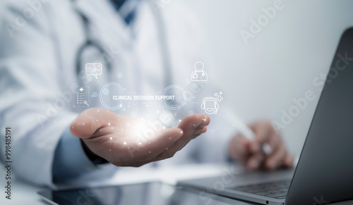 Medical professional using a laptop and hold Support or connect with our customer support hotline icon Health insurance health concept. Access to welfare health and copy space, benefit pharmacy