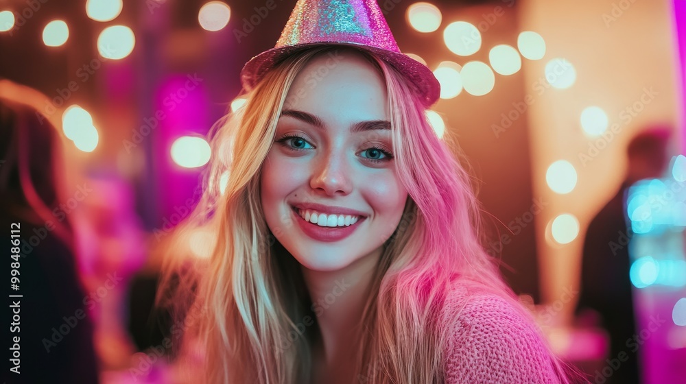 An office party in a stylish setting. Colleagues wear party hats. An office party in a stylish setting. Colleagues wear party hats.