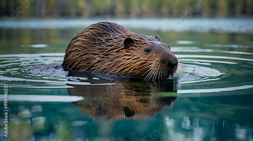 An American beaver is wading in the shallow water at the edge of a serene lake generative ai photo