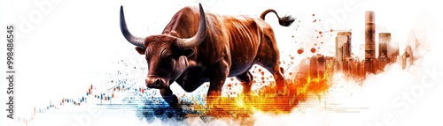 Watercolor bull standing triumphantly on top of a rising stock market chart, [financial strength], [bull market]