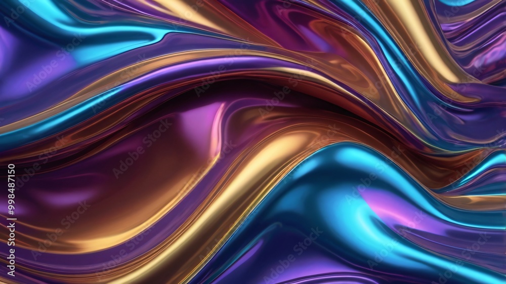 Metallic liquid background. Abstract neon texture. Rainbow 3d holographic foil. Wavy glossy surface in blue and purple colors.