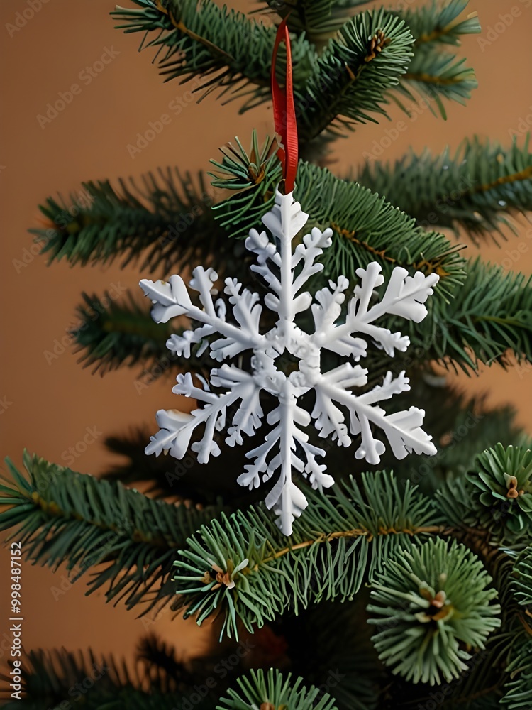 Decorative white snowflake on Christmas tree Decorative white snowflake on Christmas tree