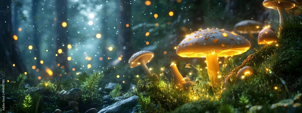A magical forest at night, with glowing orange and blue mushrooms