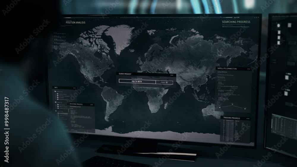 AI planetary tracking technology examining the virtual world map. AI planetary tracking software gathering target position data. AI planetary tracking program searching for the gps signal. AI planetary tracking technology examining the virtual world map. AI planetary tracking software gathering target position data. AI planetary tracking program searching for the gps signal.