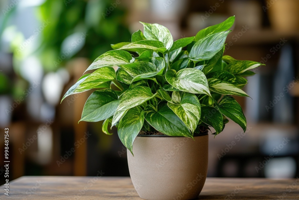 A potted plant with variegated leaves sits on a wooden table. A potted plant with variegated leaves sits on a wooden table.