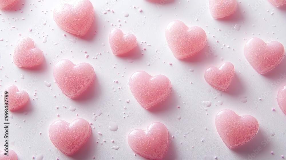 Multiple soft pink hearts scattered across a pure white background, evoking feelings of love and warmth Multiple soft pink hearts scattered across a pure white background, evoking feelings of love and warmth