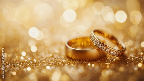 Close up of two elegant gold wedding rings on a soft golden bokeh background with space for text