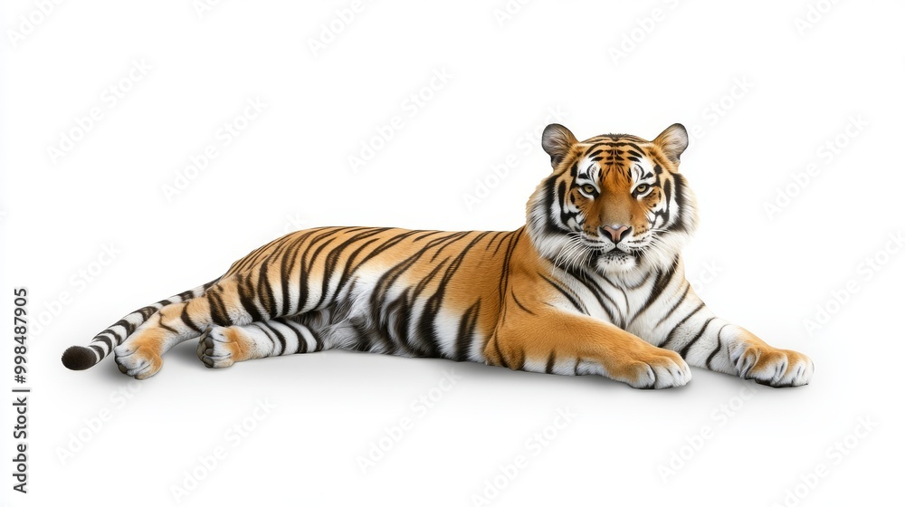 Fototapeta premium A Bengal Tiger, Panthera tigris tigris, sits in front of a white background as a 1 year old