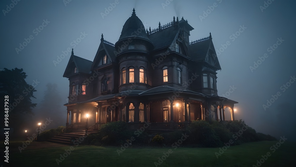 An Eerie Victorian Mansion Surrounded by Fog at Dusk With Illuminated Windows Reflecting an Atmospheric Scene An Eerie Victorian Mansion Surrounded by Fog at Dusk With Illuminated Windows Reflecting an Atmospheric Scene