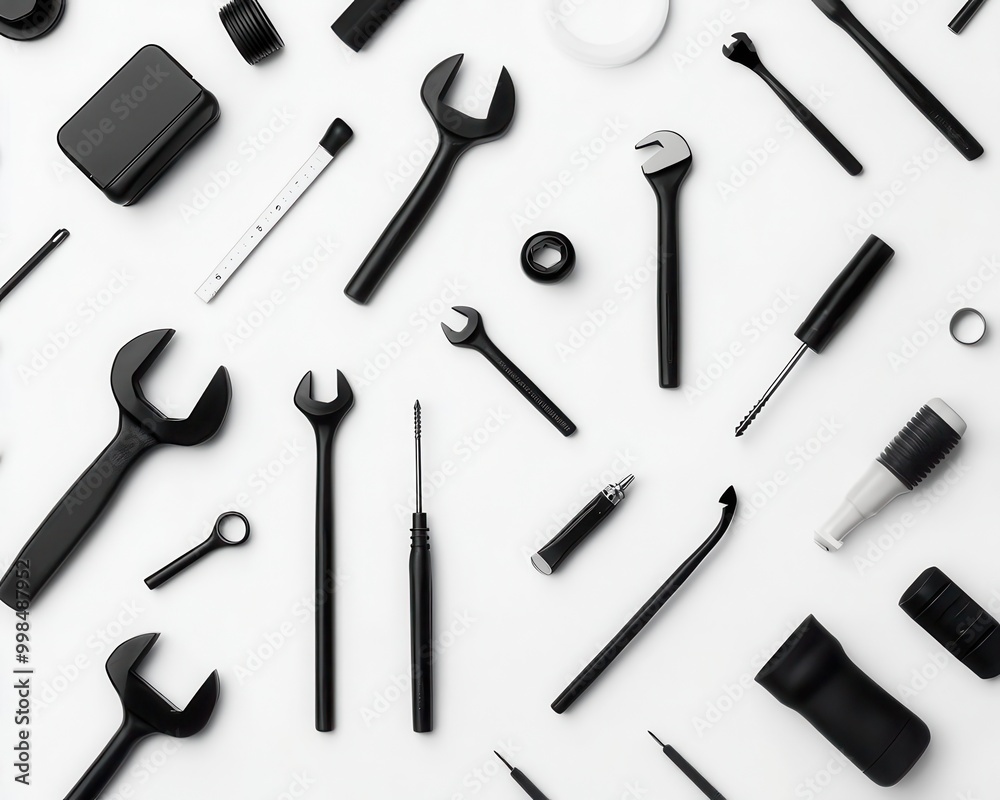 Flat lay of simple hardware tools in monochrome, Hardware, Tech essentials Flat lay of simple hardware tools in monochrome, Hardware, Tech essentials