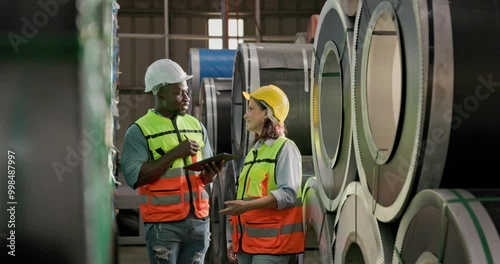 African American engineer man discussing women worker in construction warehouse steel plant factory. Engineer wear safety reflective vest white hard hat use smart tablet hand point checking product