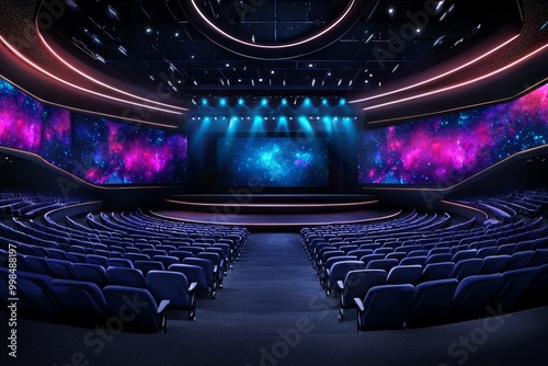 Watercolor painting of a high-tech TED Talk stage with sleek digital screens and vibrant lighting, [public speaking stage], [modern ideas] photo