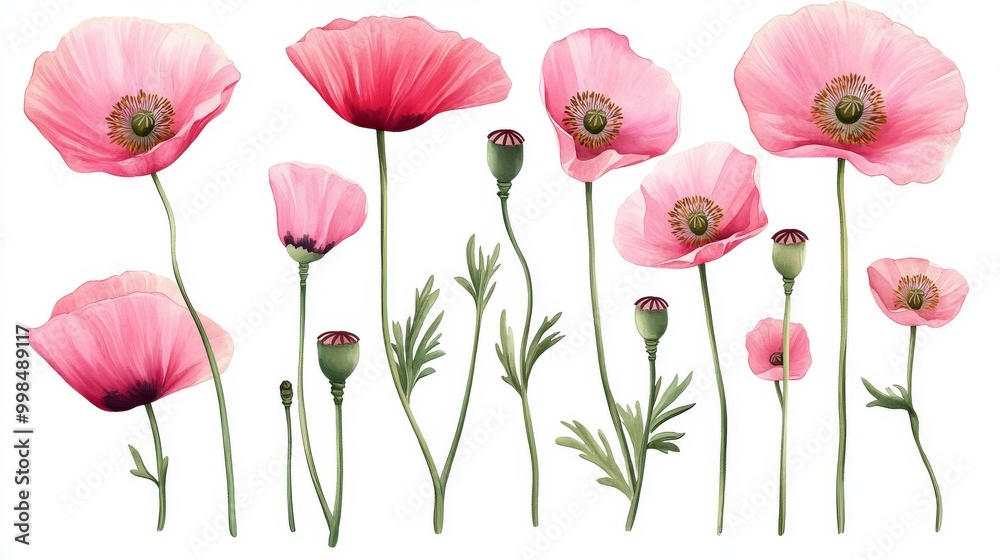 Fototapeta premium This painting features pink and red poppy flowers in an isolated white background. The background is painted in watercolor with floral and flower elements.