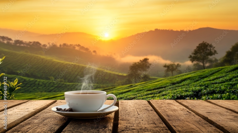 An image of a tea plantation in the background is photographed next to a cup of hot tea on a wooden table covered with sacking. An image of a tea plantation in the background is photographed next to a cup of hot tea on a wooden table covered with sacking.