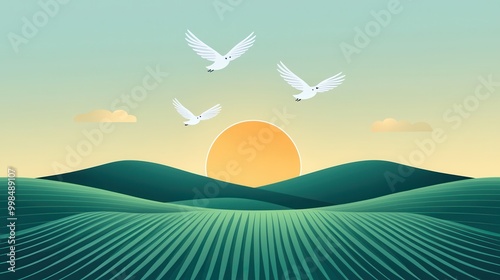 Serene Sunrise Over Rolling Hills with Birds in Flight - Tranquil Landscape Illustrating Peaceful Weather Conditions