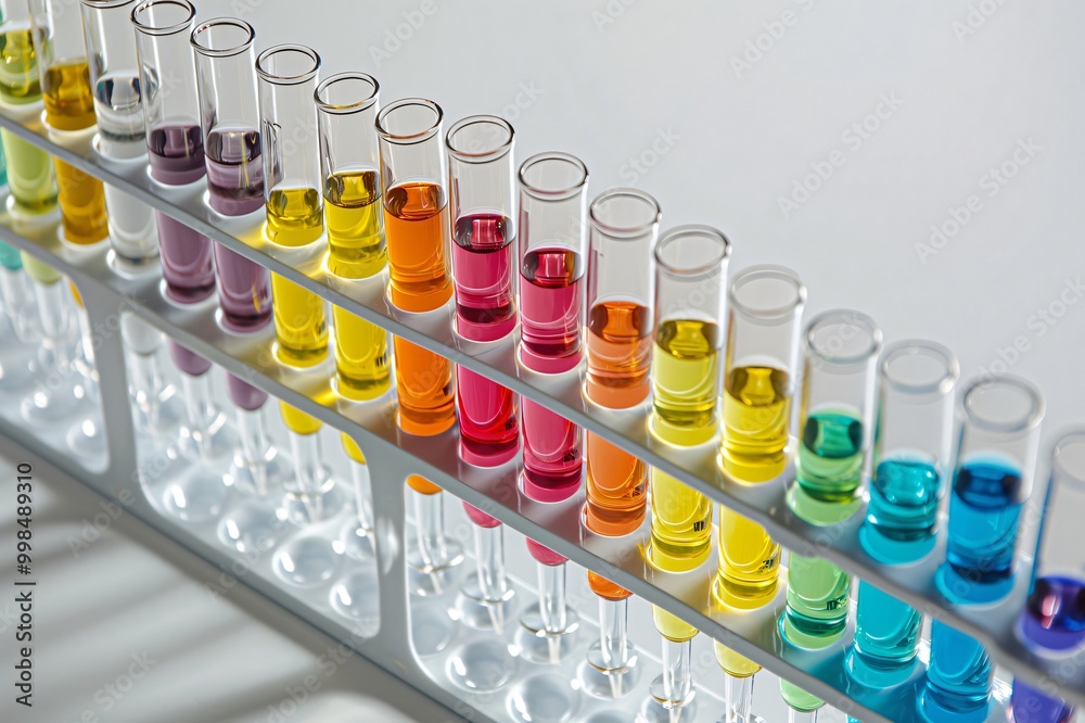 Test tube rack holding colorful liquids representing the concept of scientific experimentation and analysis Test tube rack holding colorful liquids representing the concept of scientific experimentation and analysis