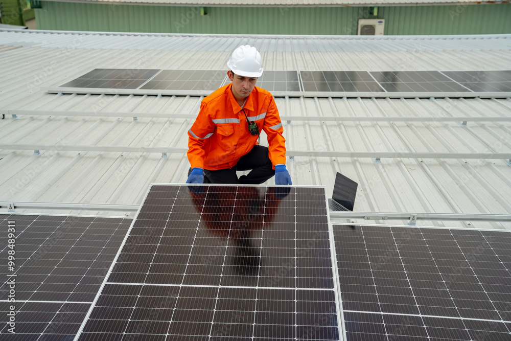 Builder mounting photovoltaic solar modules on roof of house. Back view of man engineer in helmet installing solar panel system outdoors. Concept of alternative and renewable energy. Builder mounting photovoltaic solar modules on roof of house. Back view of man engineer in helmet installing solar panel system outdoors. Concept of alternative and renewable energy.
