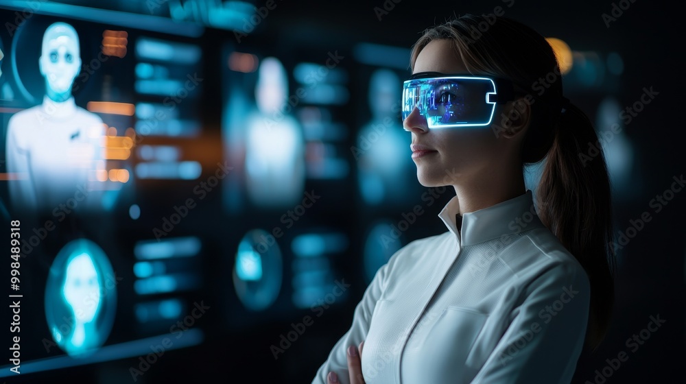 A futuristic woman uses advanced technology with holographic displays, showcasing innovation and digital intelligence in a sleek environment. A futuristic woman uses advanced technology with holographic displays, showcasing innovation and digital intelligence in a sleek environment.