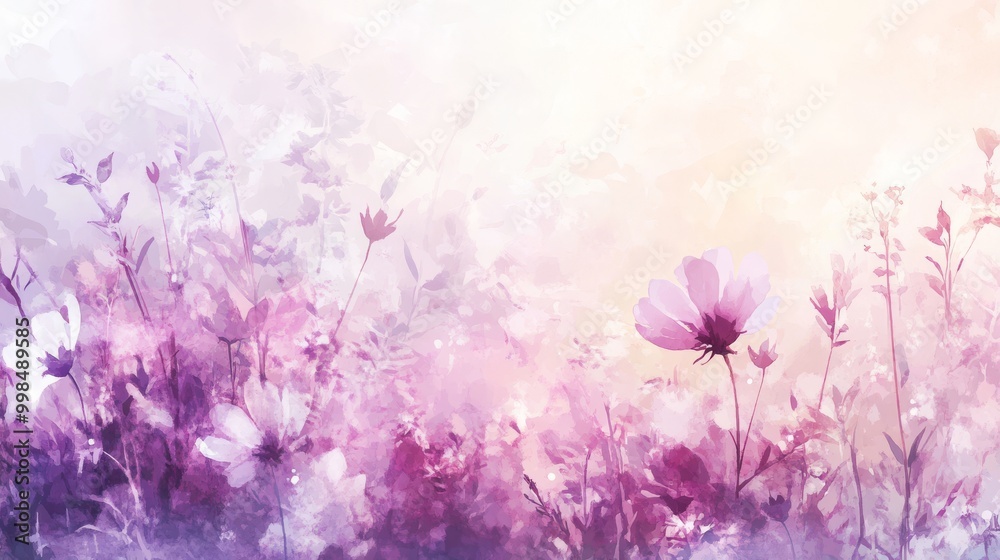 Fototapeta premium Background with purple and lilac colors. Watercolor painting on canvas with a soft violet gradient. Flower pattern arranged on red artwork on paper. Texture backdrop, macro.