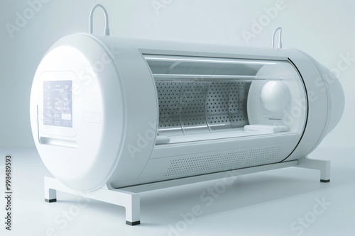 Futuristic medical cryogenic chamber standing in bright room with empty bed inside is regenerating human body photo