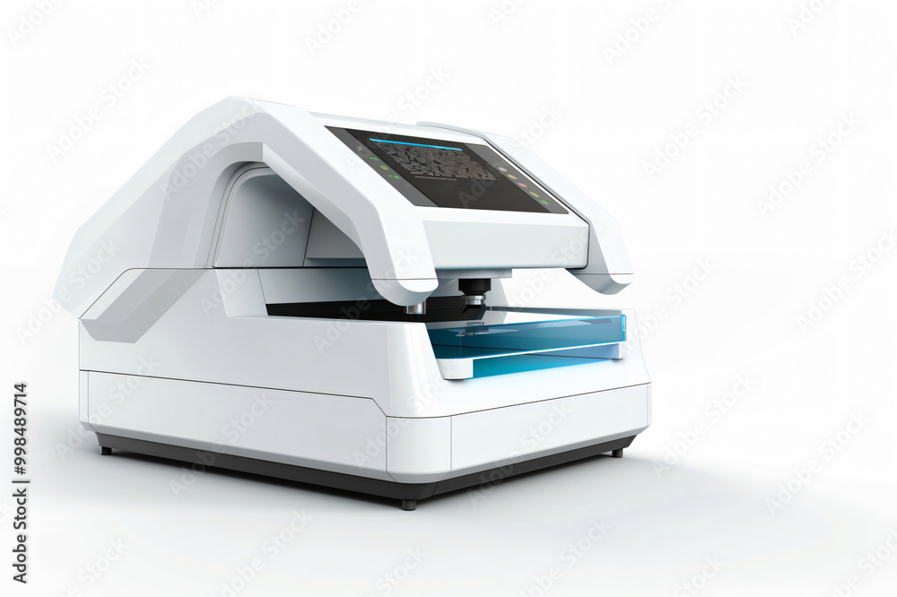 Modern laboratory spectrophotometer standing on white background, science and research concept Modern laboratory spectrophotometer standing on white background, science and research concept