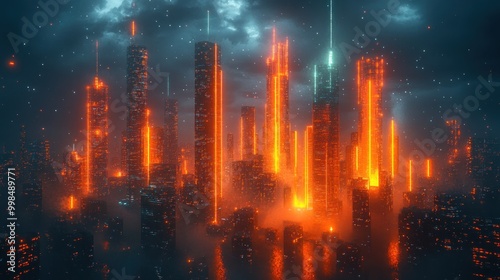 Futuristic Cityscape with Orange Neon Lights