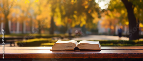 Open Book on Wooden Table in Autumn Park. Knowledge and Relaxation Concept. Ideal for Education, Reading Campaigns