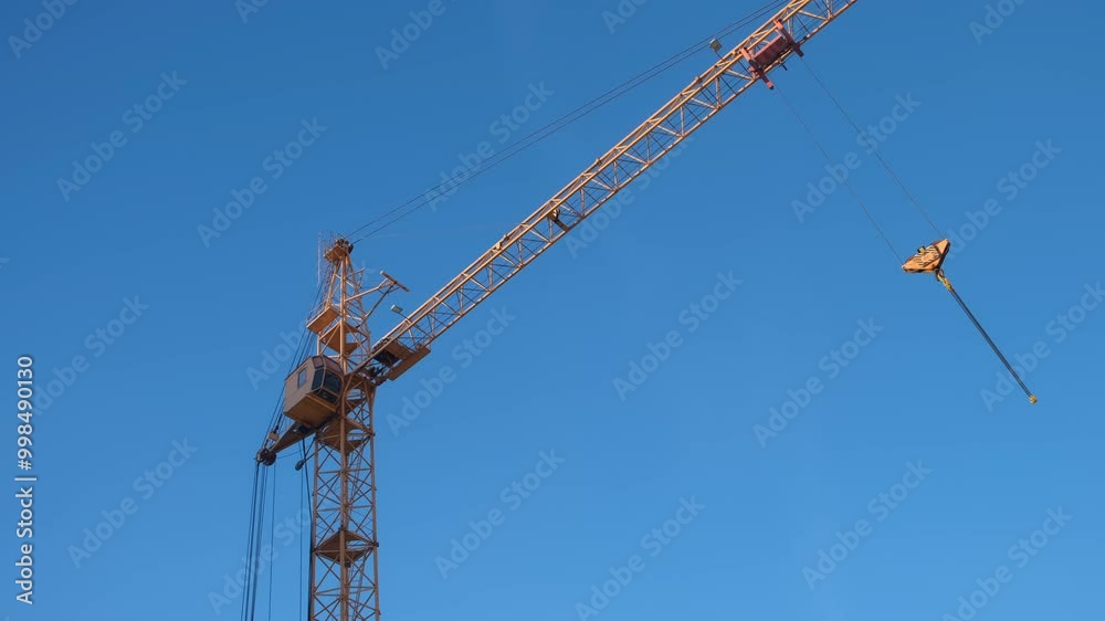 Moving yellow tower crane on construction site on blue sky background. Construction equipment, machine for lifting and moving heavy building objects on high. Moving yellow tower crane on construction site on blue sky background. Construction equipment, machine for lifting and moving heavy building objects on high.