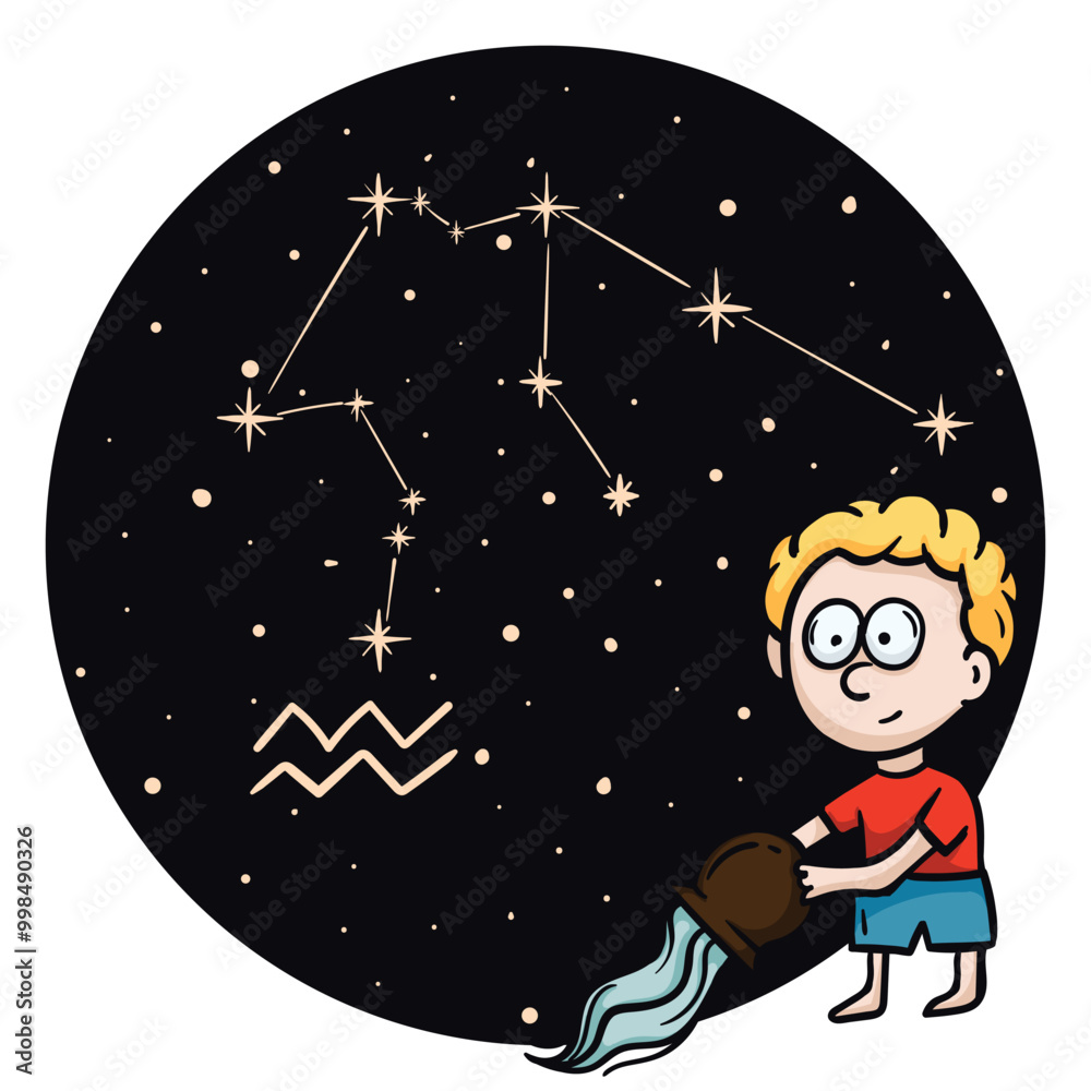 Naklejka premium Bright vector illustration with the zodiac sign Aquarius. Childrens horoscope. Constellation in the night sky. Hand drawn character for astrological forecast. Vector illustration