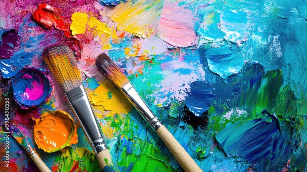 Fototapeta premium Brightly colored paints and brushes rest against a canvas, showcasing dynamic abstract strokes full of creativity and artistic expression. Generative AI