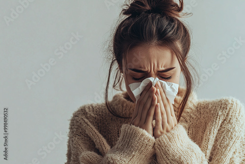 Young Woman Blowing Nose into a Tissue, Allergy, Cold or Flu, Blocked or Runny Nose