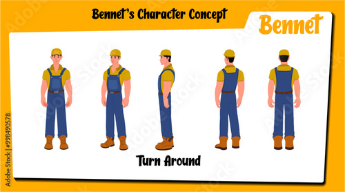 Handyman, builder cartoon Character turnaround sheet AKA Bennet. and Animation Pack, Man Wearing Overalls with tools, Equipment 