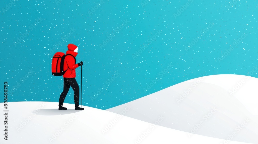 Hiker in Red Jacket Walking Through Snowy Landscape Under Clear Blue Sky with Falling Snowflakes Hiker in Red Jacket Walking Through Snowy Landscape Under Clear Blue Sky with Falling Snowflakes