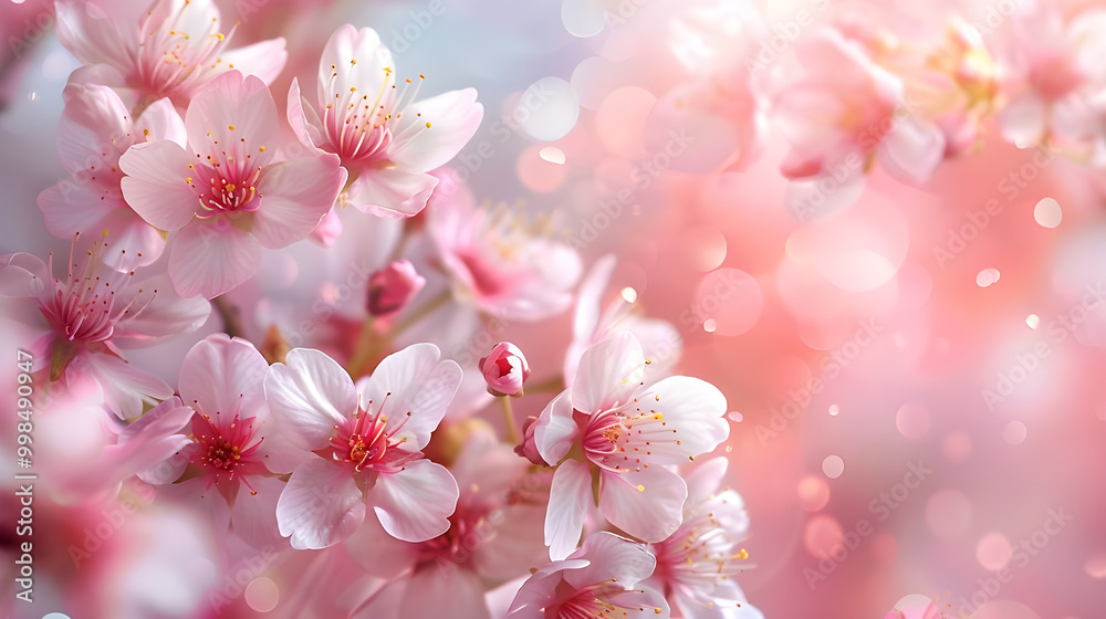 Delicate pink cherry blossoms with soft, glowing light Delicate pink cherry blossoms with soft, glowing light