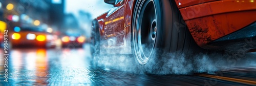 Tire Smoke from Sharp Turn with Blurred Speeding Cars, Dynamic Motion, Intense Action, Urban Street Scene