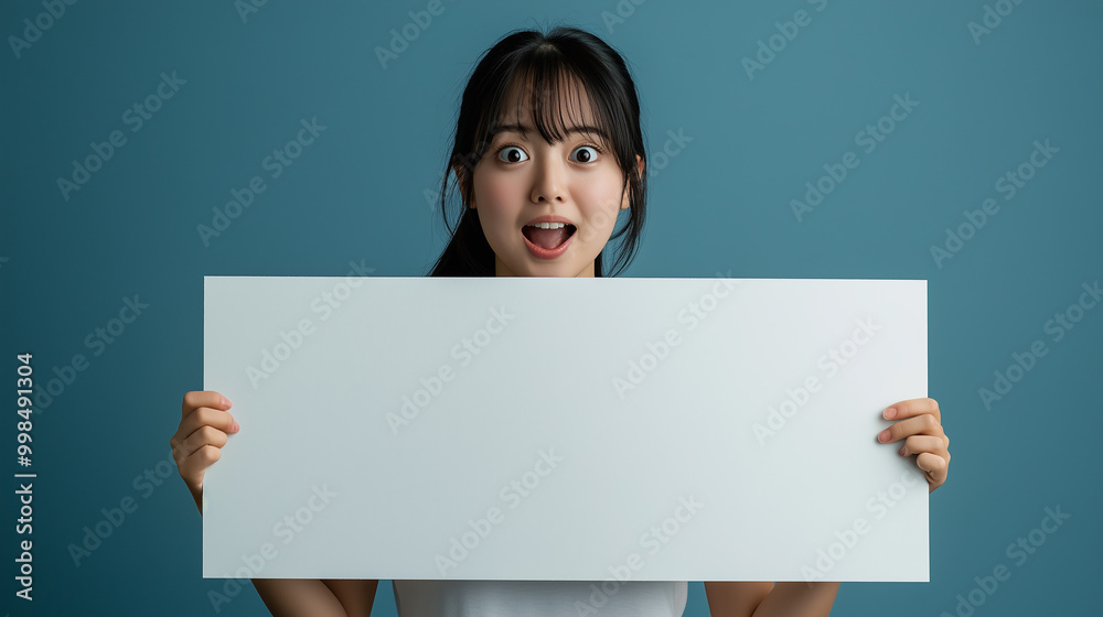 Official Portrait of an Amateur Female Esport Athlete with Black Hair Holding a Gigantic White Cardboard Sign, Wearing a White T-Shirt and Smiling in Surprise Under Top Light Official Portrait of an Amateur Female Esport Athlete with Black Hair Holding a Gigantic White Cardboard Sign, Wearing a White T-Shirt and Smiling in Surprise Under Top Light