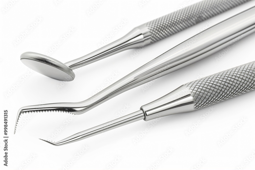 Close up of stainless steel dental tools lying on a white surface, representing professional dental care and oral hygiene Close up of stainless steel dental tools lying on a white surface, representing professional dental care and oral hygiene