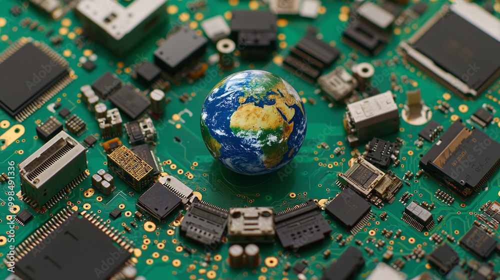 global e-trash, a miniature earth globe surrounded by a circle of discarded circuit boards and computer parts global e-trash, a miniature earth globe surrounded by a circle of discarded circuit boards and computer parts