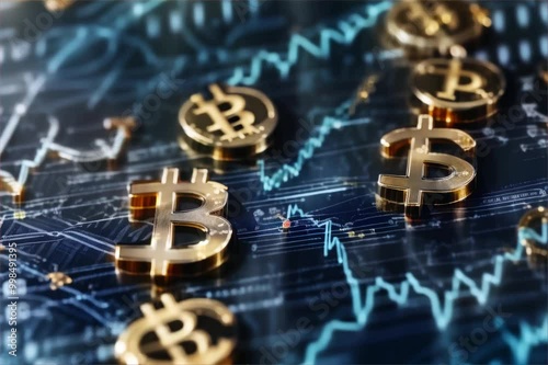 Golden dollar signs on a financial chart with stock market data and graphs, symbolizing economic growth, investment, and financial analysis.