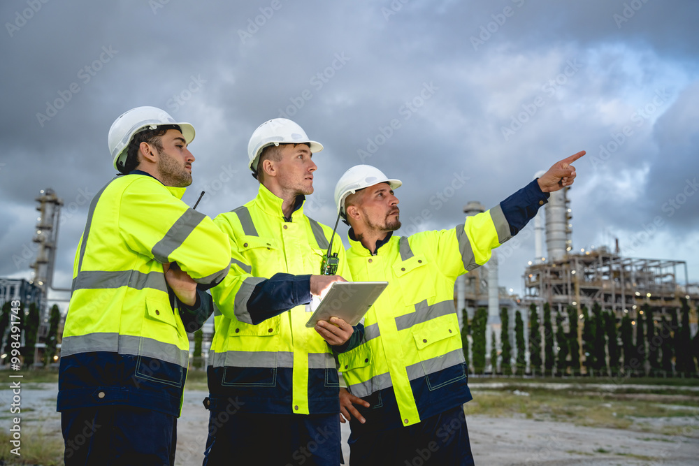 Refinery industry engineer are working and discussing at front oil and gas industrial factory,Oil refinery plant for industry.. Refinery industry engineer are working and discussing at front oil and gas industrial factory,Oil refinery plant for industry..