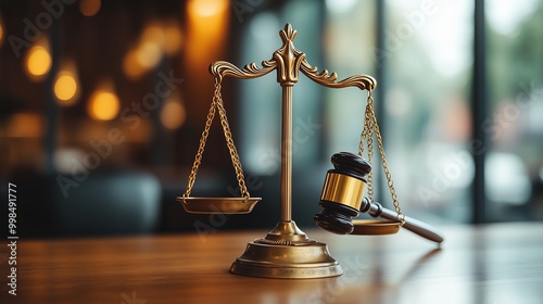 A golden scale of justice and wooden gavel on a table against a blurred background with copy space